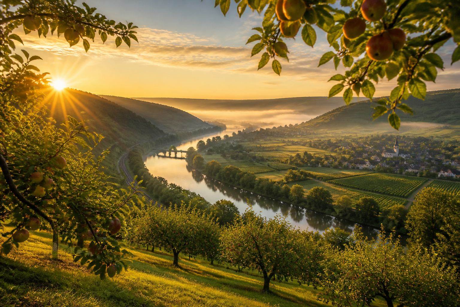 Fluss zwischen Obstgärten und Hügeln in Franken am Morgen