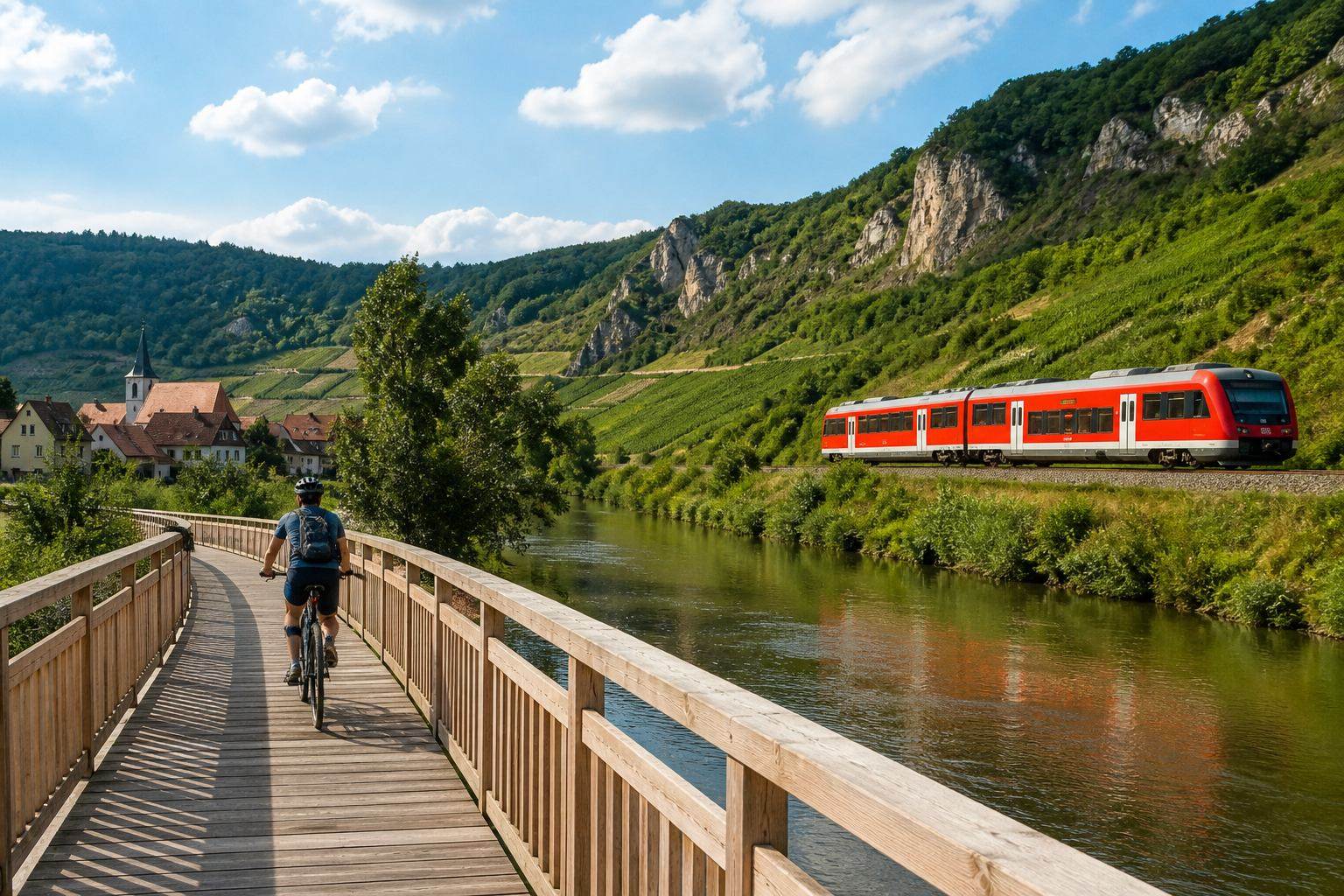 Regionalzug und Radweg entlang eines Flusstals in Franken
